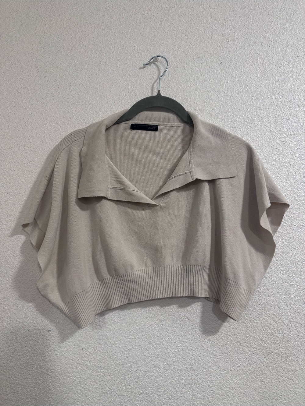 Cropped Polo Knit Sweater in Light Beige